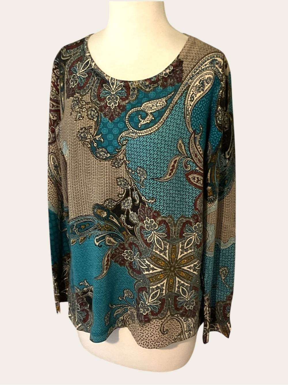Chico’s Paisley Knit Long Sleeve Top Earth Tones Size 1 Reg 8/10 Medium
